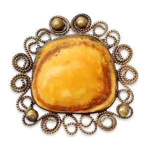 Antique Genuine Baltic Amber Brass Brooch Pin Butterscotch / Egg Yolk Yellow